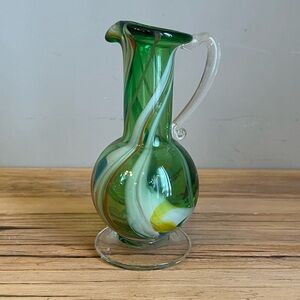 Vintage handblown green and multicolored art glass pitcher/vase